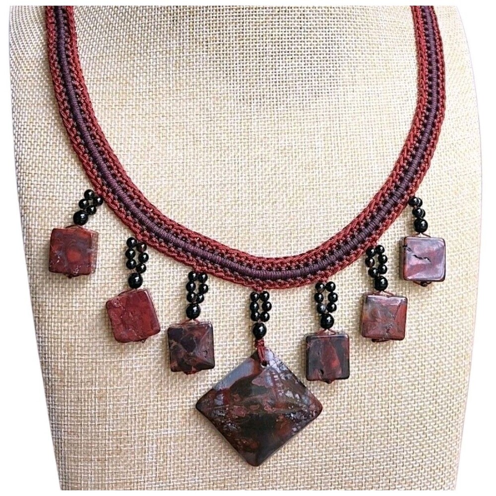 Red Jasper & Black Tourmaline Macrame Boho Bib Necklace Artisan Made 18"-27"